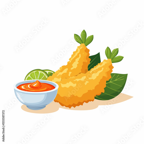 Crispy fried shrimp tempura appetizer, a delicious seafood dish with sweet chili dipping sauce and lime.