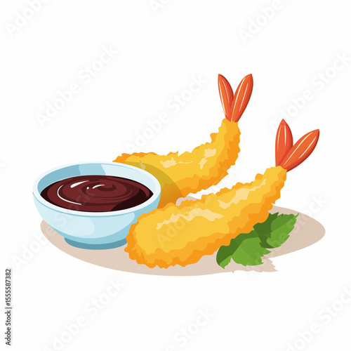 Golden crispy shrimp tempura appetizer with dipping sauce. A classic Japanese cuisine dish illustrated on a plate.