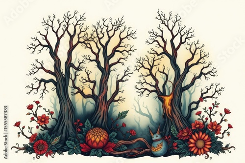 A whimsical forest scene with bare trees red flowers an ornamental sphere and a blue horned creature