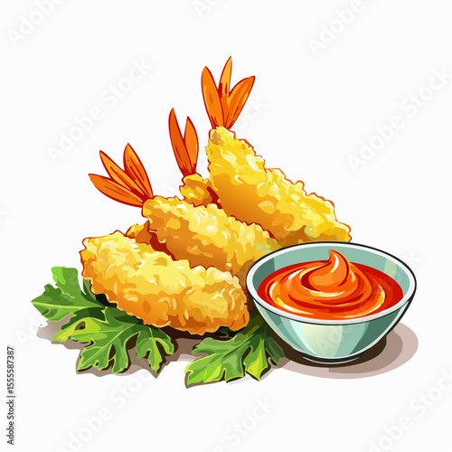 Golden fried shrimp tempura, a classic Japanese seafood appetizer, served with a tangy dipping sauce. Vector illustration.