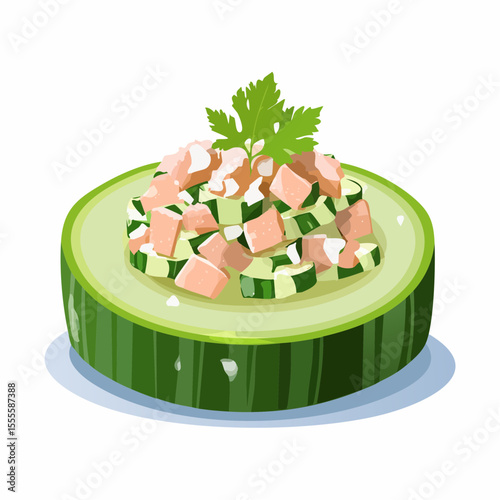 Gourmet cucumber canapé appetizer with a fresh diced salad topping and parsley garnish. A healthy hors d'oeuvre illustration for food concepts.