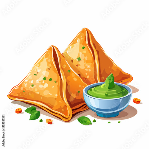 Crispy golden fried samosas served with a zesty green chutney dip, a classic Indian street food appetizer.