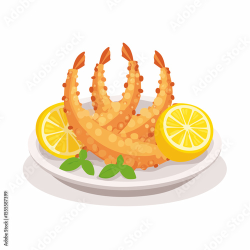 Crispy fried tempura shrimp served on a white plate with fresh lemon slices and mint garnish. A delicious seafood appetizer illustration.