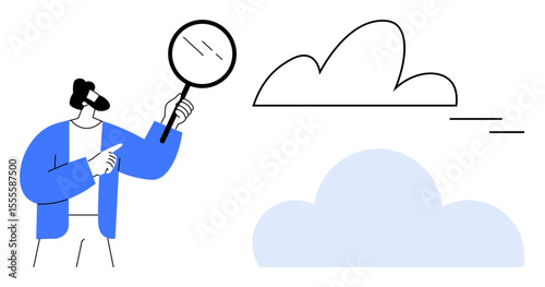 Man with a magnifying glass observing a cloud, hinting at exploration, analysis, and cloud computing. Ideal for technology, data research, innovation, digital security, problem-solving education