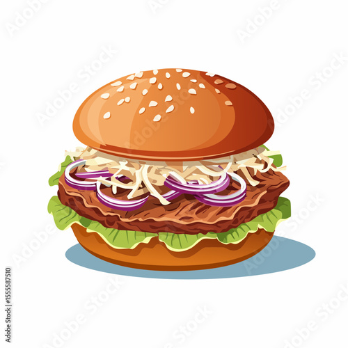 Delicious classic hamburger with fresh lettuce, red onion, and sesame seed bun. Vector illustration of a tasty sandwich on a white background.