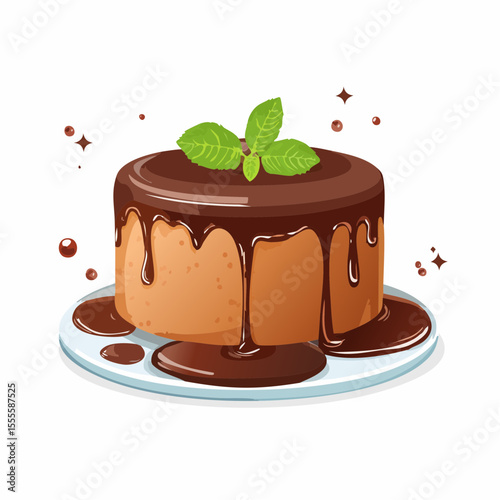 A delicious chocolate fudge cake concept with dripping ganache and a fresh mint garnish, an isolated sweet dessert illustration.