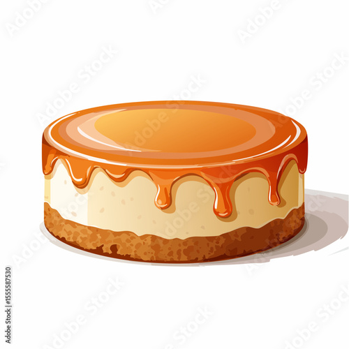 Indulgent dessert concept featuring a whole classic cheesecake generously topped with a rich, dripping caramel sauce, isolated illustration.