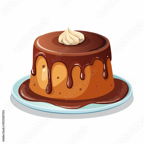 An appetizing illustration of a rich chocolate pudding cake, generously drizzled with glossy ganache and topped with a swirl of cream.