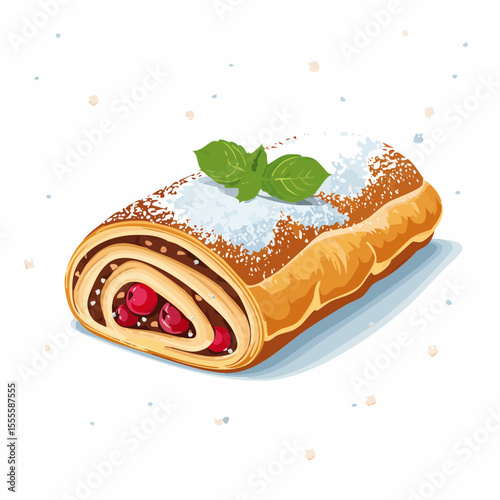 A sweet concept of a freshly baked strudel roll with cherry and chocolate filling, a delightful illustrated dessert.