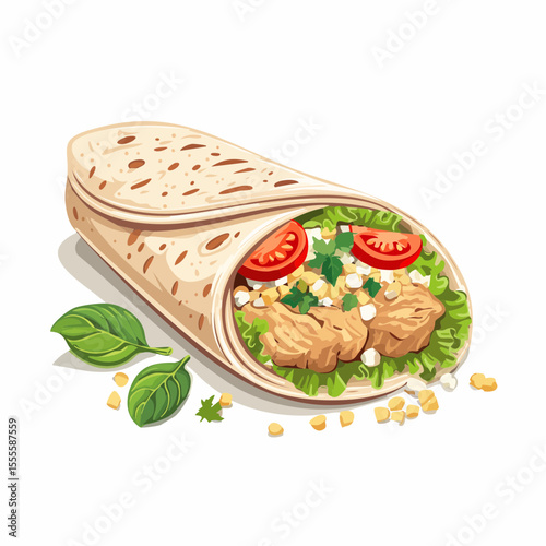 Savory chicken burrito wrap illustration filled with fresh tomatoes, corn, and lettuce. A delicious and healthy meal concept.