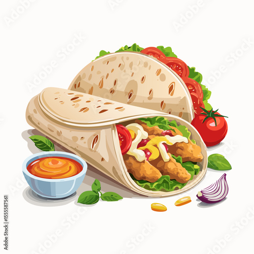 Delicious chicken wrap and soft taco illustration with fresh vegetables and dipping sauce. Appetizing Mexican cuisine concept isolated on a white background.