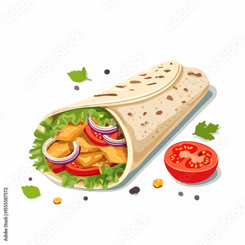 Vector illustration of a fresh tortilla wrap with grilled chicken, tomato, and lettuce. Healthy and delicious street food meal.
