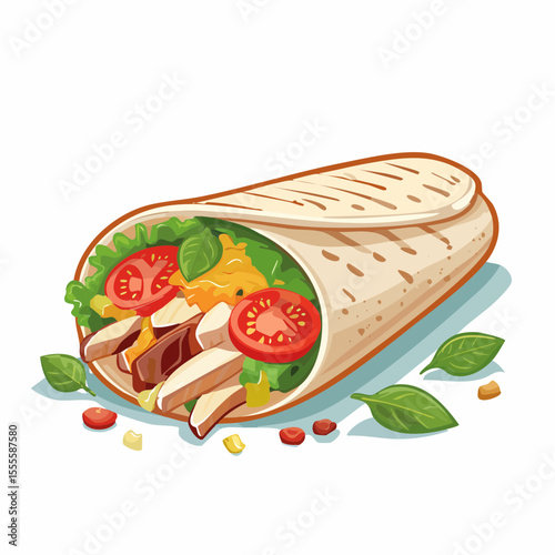 Illustration of a delicious grilled chicken wrap with fresh lettuce and tomato, a concept for healthy and quick food.