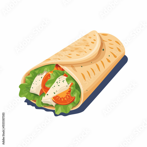 Fresh and healthy tortilla wrap sandwich with lettuce, tomatoes, and cheese. A delicious concept for a quick lunch or snack.