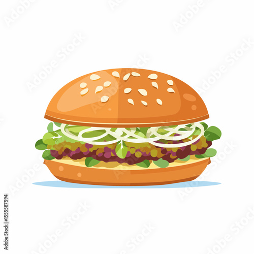 A freshly made hamburger with a juicy patty, crisp lettuce, and sliced onions on a sesame seed bun. A classic fast food meal illustration.