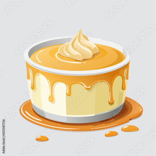 Indulgent caramel dessert in a ramekin, topped with whipped cream and drizzled with a sweet, golden dripping sauce. Vector food art.