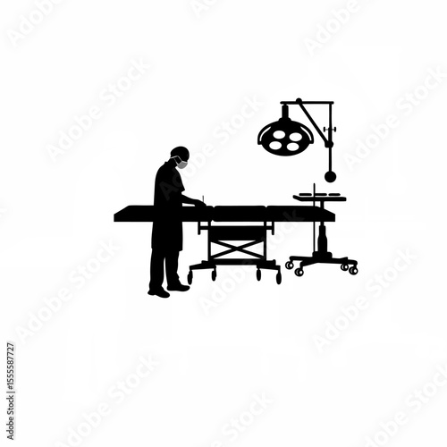 Silhouette of a surgeon preparing for an operation in an operating room on white background