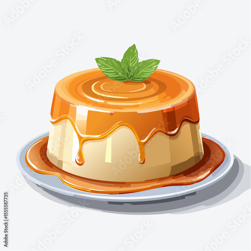 A delectable illustration of a classic crème caramel pudding, drenched in sweet caramel sauce and garnished with a fresh mint leaf.