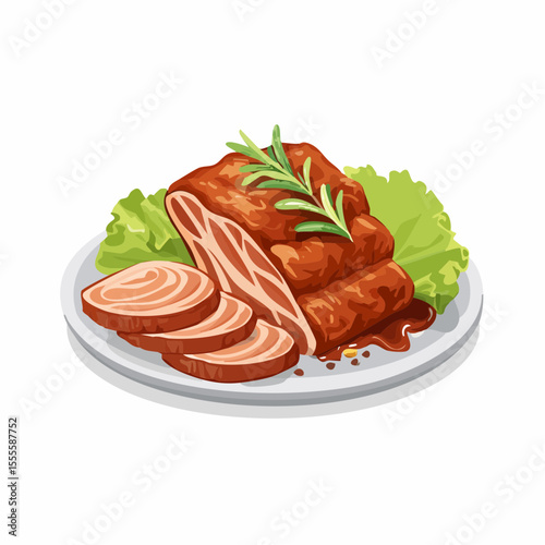 Savory roasted pork loin, sliced and served on a plate with fresh rosemary and sauce, a delicious gourmet meal.