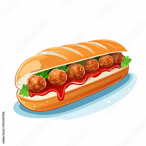 Hearty meatball submarine sandwich filled with savory tomato sauce and herbs, a classic comfort food illustration.