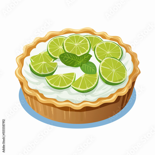 A delectable homemade lime tart with a creamy white filling, beautifully garnished with fresh lime slices and mint