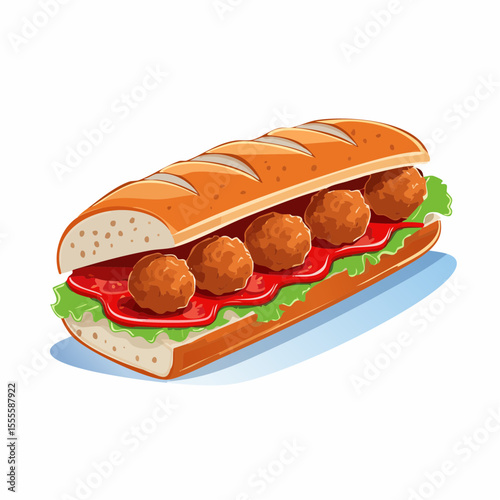 Hearty and delicious meatball submarine sandwich on a baguette with fresh lettuce and rich tomato sauce, an iconic comfort food classic.