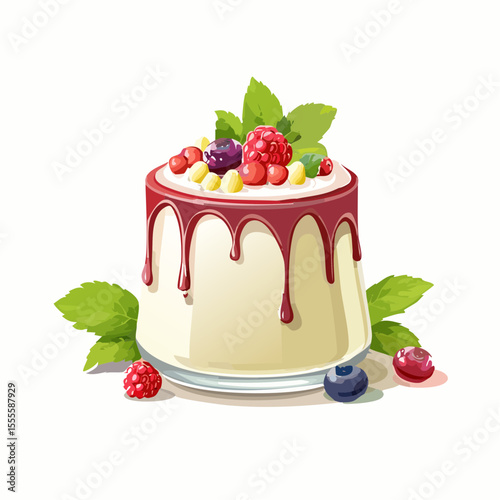 Gourmet panna cotta dessert with fresh raspberry and blueberry garnish. A sweet creamy pudding with dripping red berry sauce and mint.