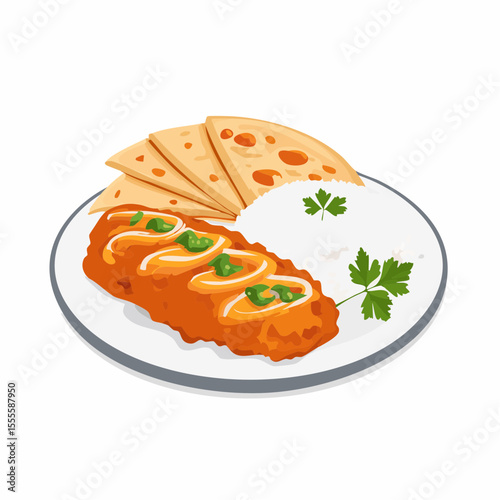 A traditional plate of delicious Indian curry served with basmati rice and fresh flatbread. Authentic homemade Asian cuisine concept.