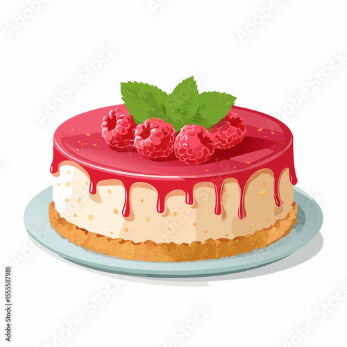 Gourmet raspberry cheesecake dessert with a dripping berry glaze and fresh mint, a delicious bakery illustration concept