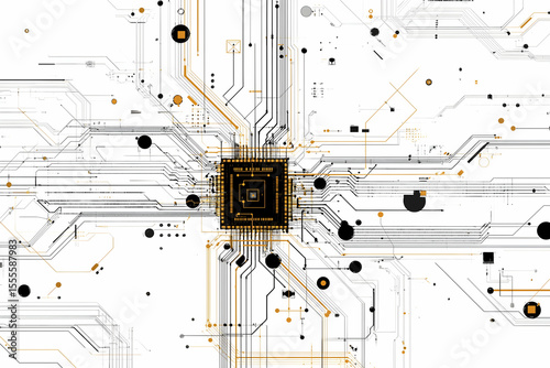 A complex digital circuit board with a central microchip and interconnected pathways, symbolizing technology and data flow.
