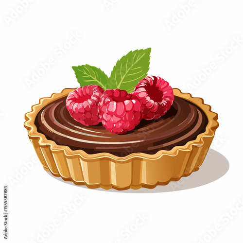 A delectable chocolate tartlet dessert, beautifully garnished with fresh ripe raspberries and a sprig of mint.