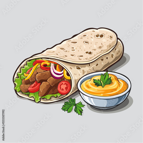 Savory grilled meat wrap with fresh vegetables like tomatoes and peppers, served with a creamy dipping sauce