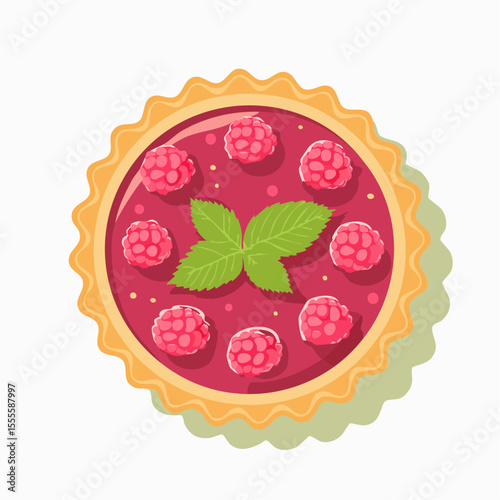 Top-down view of a delicious raspberry tart with red jelly filling, fresh berries, and a mint leaf garnish. A sweet dessert illustration.