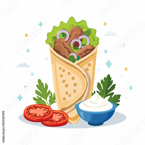 Delicious doner kebab wrap with grilled meat, lettuce, and onions. A classic Middle Eastern street food concept illustration.