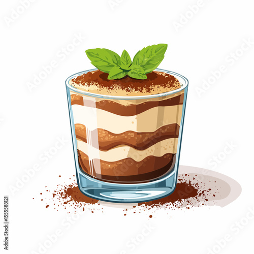 An illustration of a classic Italian tiramisu dessert in a glass, layered with cream and coffee, and garnished with a sprig of fresh mint.
