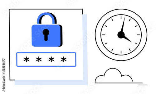 Blue lock icon above password field next to analog clock and simple cloud. Ideal for cybersecurity, user authentication, time management, digital protection, secure access, deadline tracking, simple