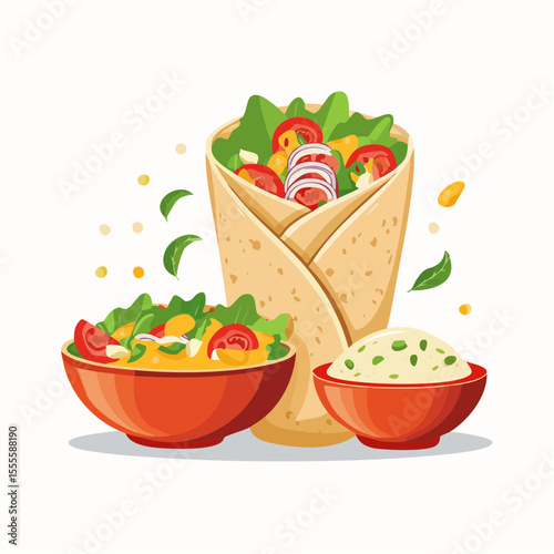 A fresh and delicious Mexican food platter with a vegetable burrito wrap, side salad, and rice bowl. Healthy meal illustration.
