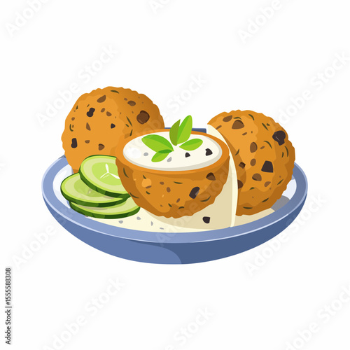 Appetizing plate of traditional falafel with creamy yogurt sauce and fresh cucumber slices. A healthy vegetarian street food dish.