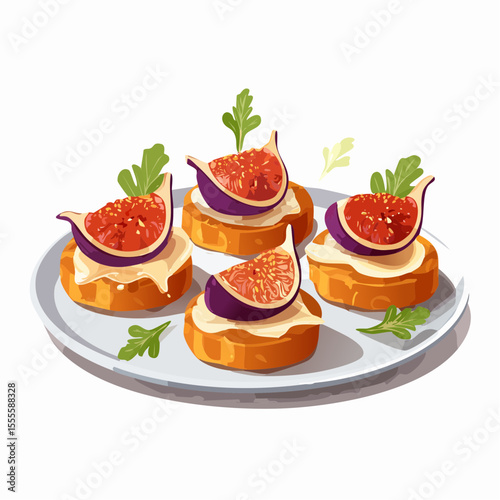 Gourmet appetizer plate with delicious fig and cheese crostini, garnished with fresh herbs. An elegant hors d'oeuvre illustration.