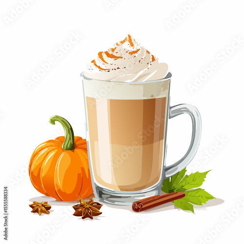Cozy autumn pumpkin spice latte illustration with whipped cream, cinnamon stick, and star anise. A seasonal warm coffee drink.