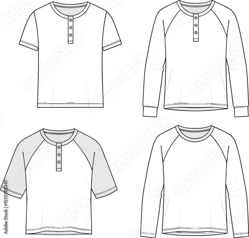 Mens henley t shirt technical sketch, flat fashion vector, front view clothing template, long sleeve, short sleeve, cad drawing