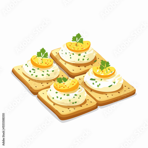 Savory crackers topped with cream cheese, chives, and a lemon wedge. Isolated vector illustration of a gourmet appetizer snack.