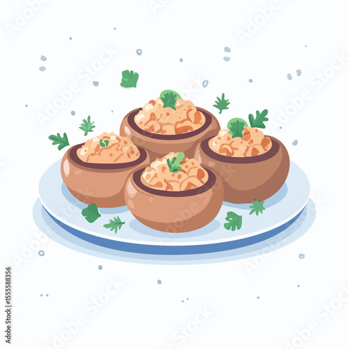 A platter of four delicious homemade appetizers served in small wooden bowls with fresh parsley garnish, an artistic vector illustration