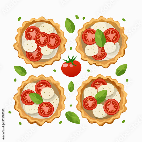 Set of four savory Italian Caprese tartlets with cherry tomatoes, mozzarella, and fresh basil leaves. Gourmet appetizer vector illustration.