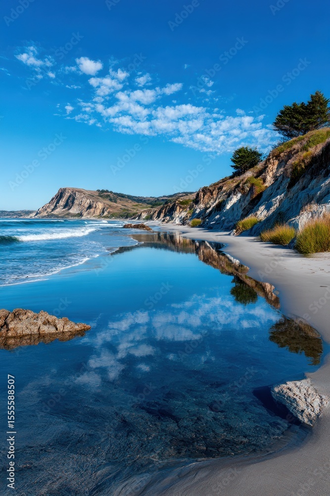 Obraz premium Coastal scene with calm water reflections