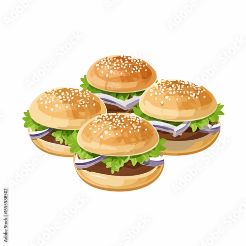 A delicious arrangement of four illustrated hamburgers with sesame seed buns, fresh lettuce, and sliced onions on a white background