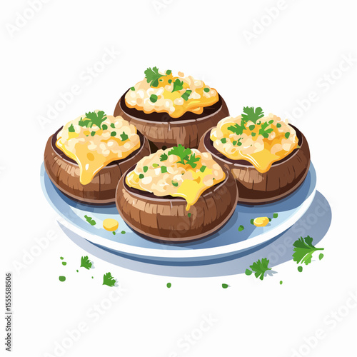 Savory baked stuffed mushrooms with melted cheese and fresh herbs, a perfect gourmet appetizer served on a plate.