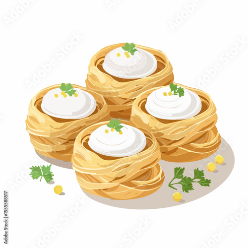 Vector illustration of homemade tagliatelle pasta nests filled with a creamy cheese sauce, presented as a gourmet appetizer dish