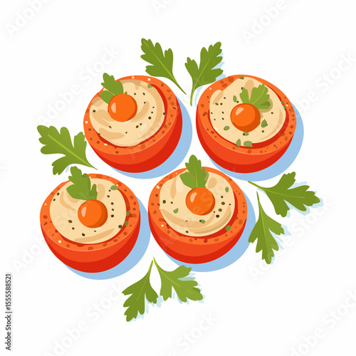Savory stuffed tomatoes appetizer with a creamy filling and fresh parsley. A healthy vegetarian dish, top view vector illustration.