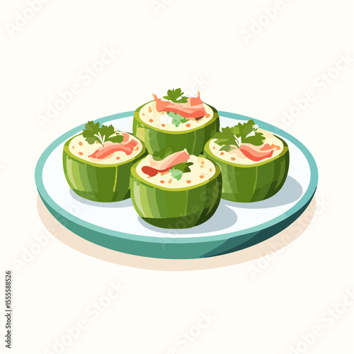 Gourmet stuffed zucchini appetizers served on a plate. Vector illustration of a savory dish with a creamy filling and fresh garnish.